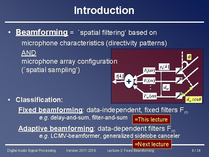Introduction • Beamforming = `spatial filtering’ based on microphone characteristics (directivity patterns) AND microphone