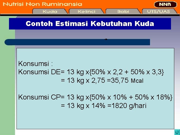 Contoh Estimasi Kebutuhan Kuda Konsumsi : Konsumsi DE= 13 kg x{50% x 2, 2