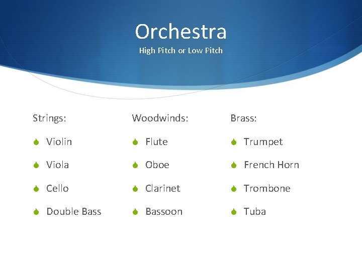 Orchestra High Pitch or Low Pitch Strings: Woodwinds: Brass: S Violin S Flute S