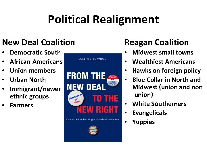 Political Realignment New Deal Coalition Reagan Coalition Democratic South African-Americans Union members Urban North