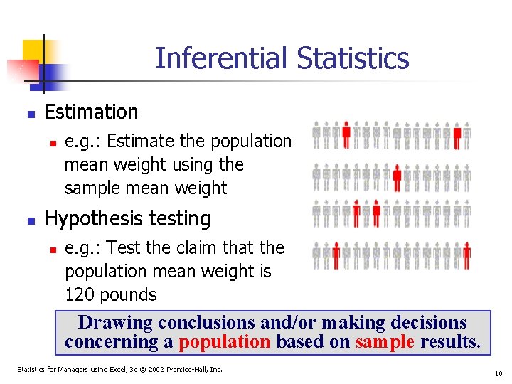 Inferential Statistics n Estimation n n e. g. : Estimate the population mean weight Inferential Statistics n Estimation n n e. g. : Estimate the population mean weight