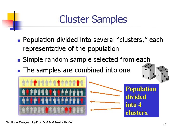 Cluster Samples n Population divided into several “clusters, ” each representative of the population Cluster Samples n Population divided into several “clusters, ” each representative of the population