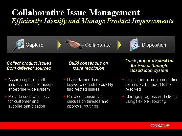 Collaborative Issue Management Efficiently Identify and Manage Product Improvements Capture Collect product issues from