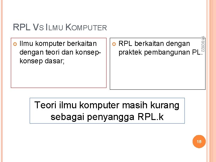 RPL VS ILMU KOMPUTER Ilmu komputer berkaitan dengan teori dan konsep dasar; 1/10/2022 RPL