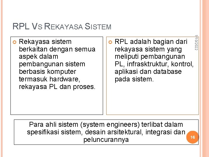 RPL VS REKAYASA SISTEM Rekayasa sistem berkaitan dengan semua aspek dalam pembangunan sistem berbasis