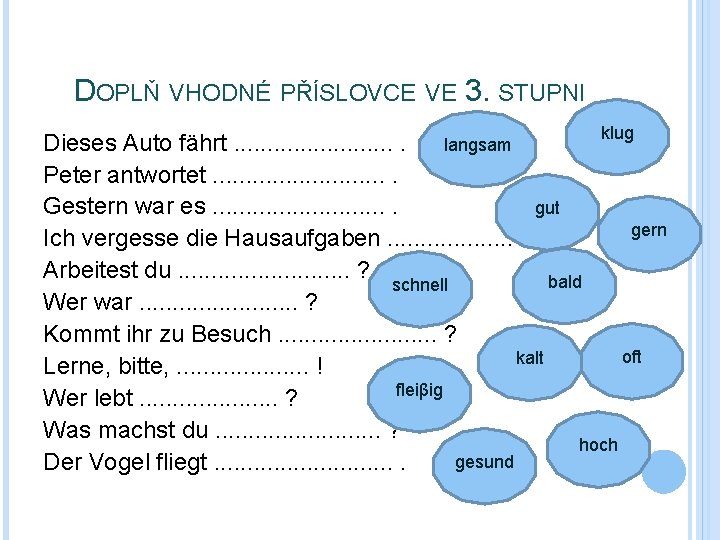 DOPLŇ VHODNÉ PŘÍSLOVCE VE 3. STUPNI klug langsam Dieses Auto fährt. . . Peter DOPLŇ VHODNÉ PŘÍSLOVCE VE 3. STUPNI klug langsam Dieses Auto fährt. . . Peter