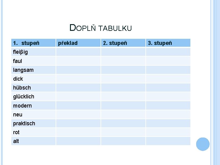 DOPLŇ TABULKU 1. stupeň fleiβig faul langsam dick hübsch glücklich modern neu praktisch rot DOPLŇ TABULKU 1. stupeň fleiβig faul langsam dick hübsch glücklich modern neu praktisch rot