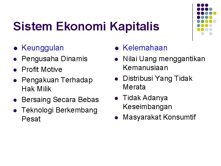 Sistem Ekonomi Kapitalis l Keunggulan l Kelemahaan l Pengusaha Dinamis Profit Motive Pengakuan Terhadap