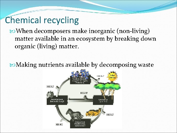 Chemical recycling When decomposers make inorganic (non-living) matter available in an ecosystem by breaking