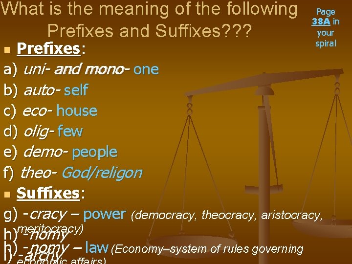 What is the meaning of the following Prefixes and Suffixes? ? ? Page 38