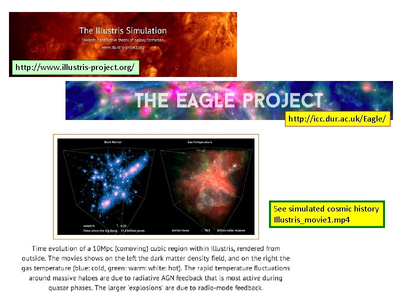 http: //www. illustris-project. org/ http: //icc. dur. ac. uk/Eagle/ See simulated cosmic history Illustris_movie