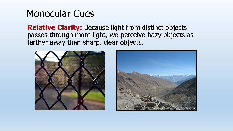 Monocular Cues Relative Clarity: Because light from distinct objects passes through more light, we