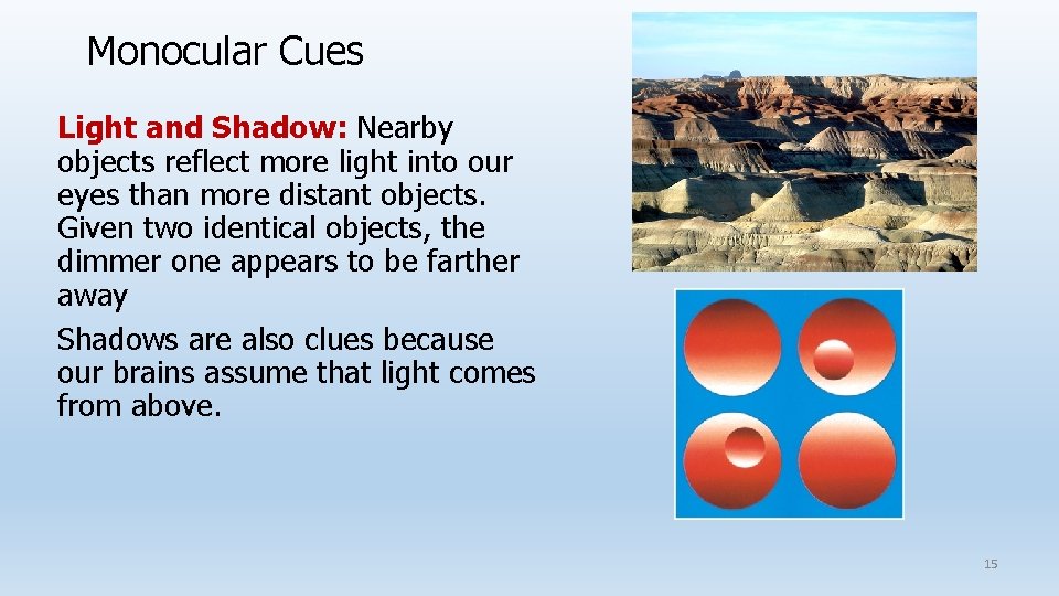 Monocular Cues Light and Shadow: Nearby objects reflect more light into our eyes than