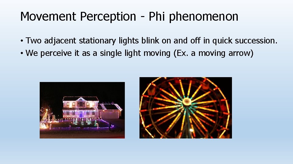 Movement Perception - Phi phenomenon • Two adjacent stationary lights blink on and off