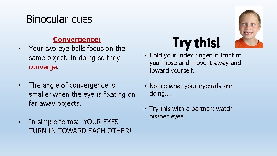 Binocular cues • • • . Convergence: Your two eye balls focus on the