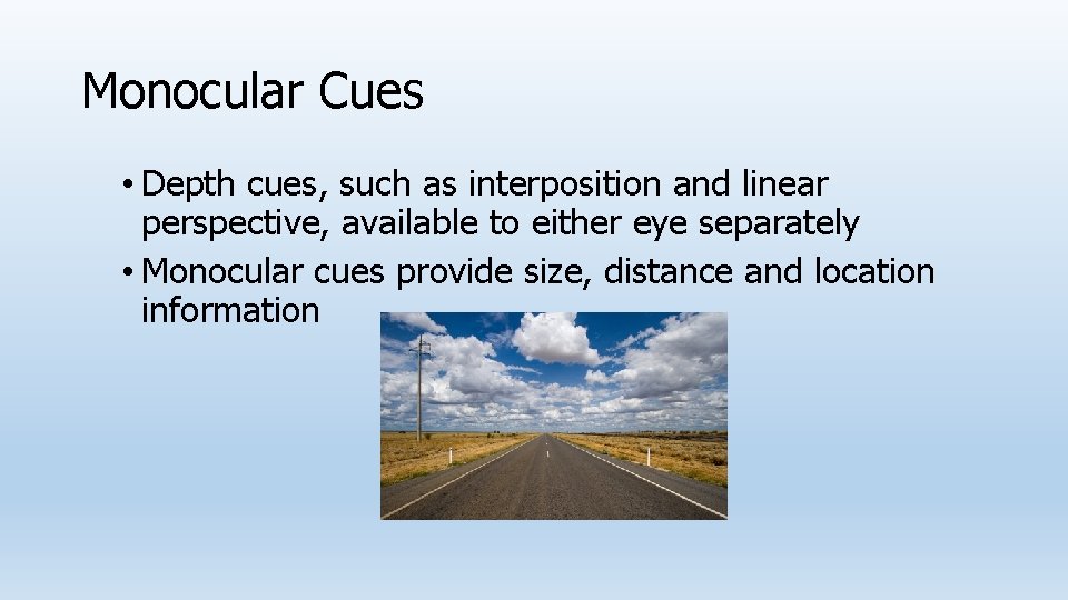 Monocular Cues • Depth cues, such as interposition and linear perspective, available to either