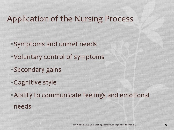 Application of the Nursing Process • Symptoms and unmet needs • Voluntary control of