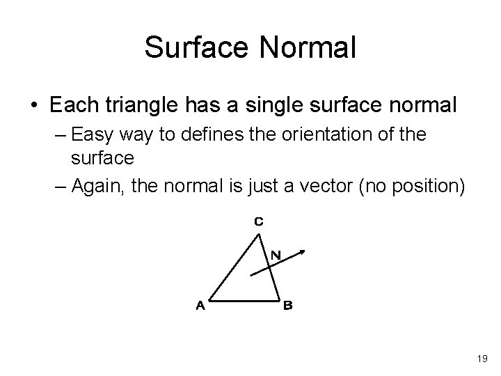 Surface Normal • Each triangle has a single surface normal – Easy way to