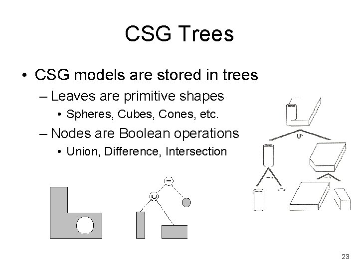 CSG Trees • CSG models are stored in trees – Leaves are primitive shapes