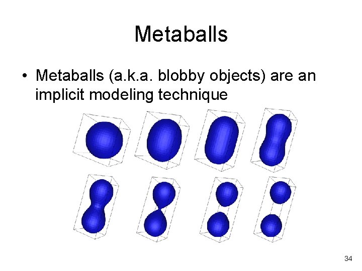 Metaballs • Metaballs (a. k. a. blobby objects) are an implicit modeling technique 34