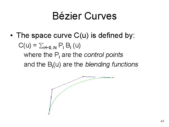 Bézier Curves • The space curve C(u) is defined by: C(u) = i 0.