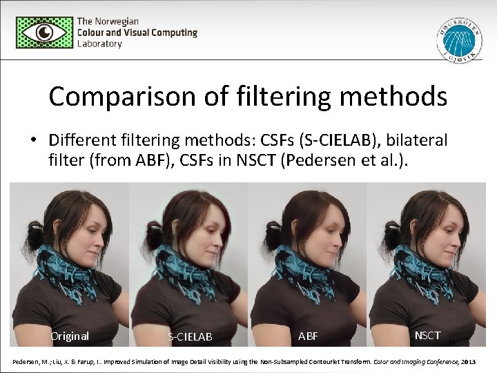 Comparison of filtering methods • Different filtering methods: CSFs (S-CIELAB), bilateral filter (from ABF),