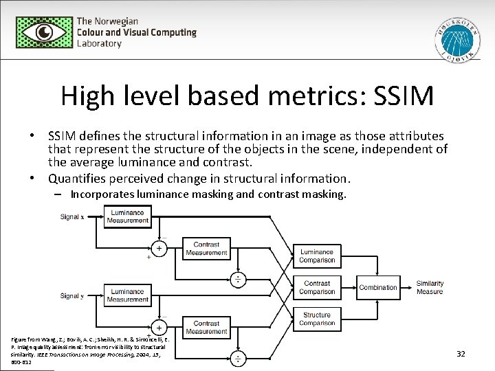 High level based metrics: SSIM • SSIM defines the structural information in an image