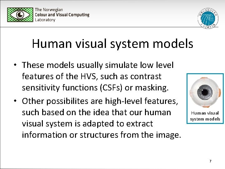 Human visual system models • These models usually simulate low level features of the