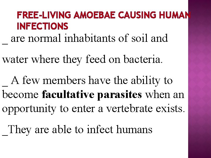 FREE-LIVING AMOEBAE CAUSING HUMAN INFECTIONS _ are normal inhabitants of soil and water where