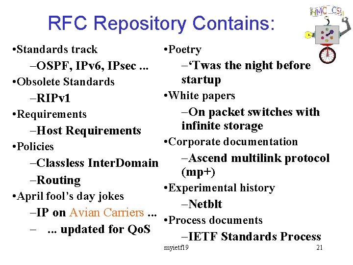 RFC Repository Contains: • Standards track –OSPF, IPv 6, IPsec. . . • Obsolete