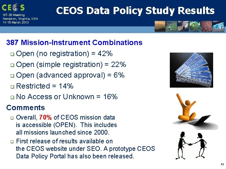 SIT-28 Meeting Hampton, Virginia, USA 11 -15 March 2013 CEOS Data Policy Study Results