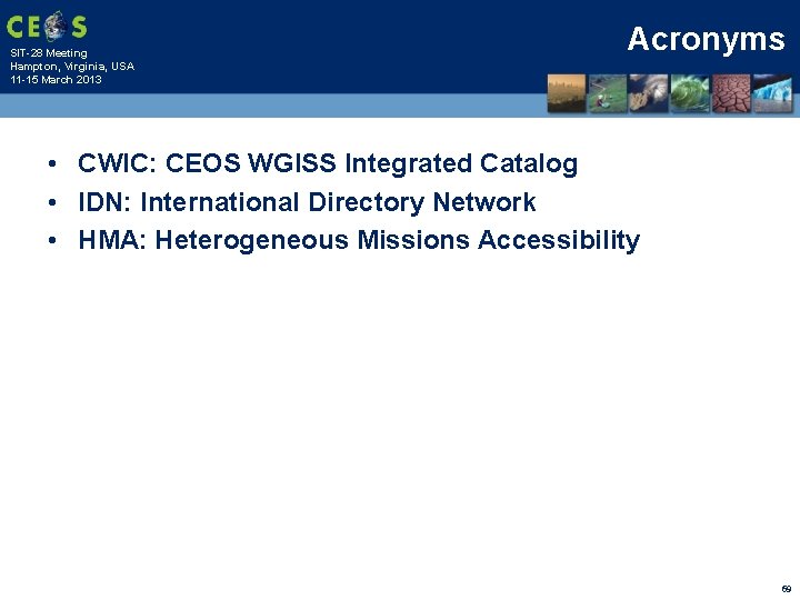 SIT-28 Meeting Hampton, Virginia, USA 11 -15 March 2013 Acronyms • CWIC: CEOS WGISS