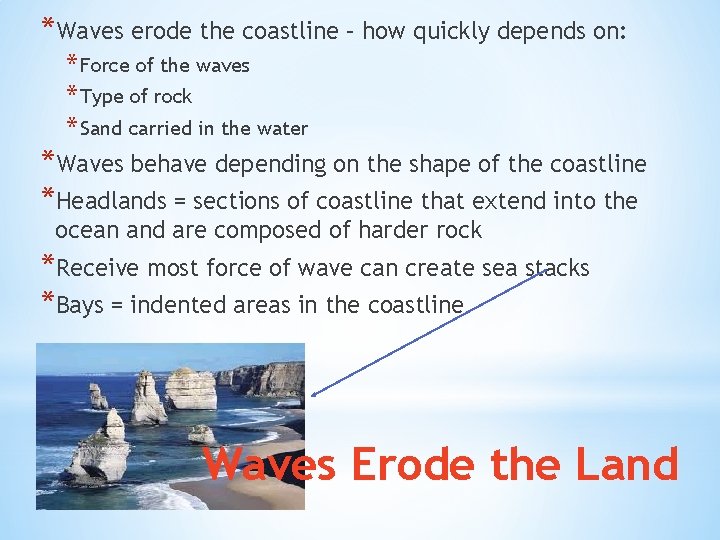 *Waves erode the coastline – how quickly depends on: * Force of the waves