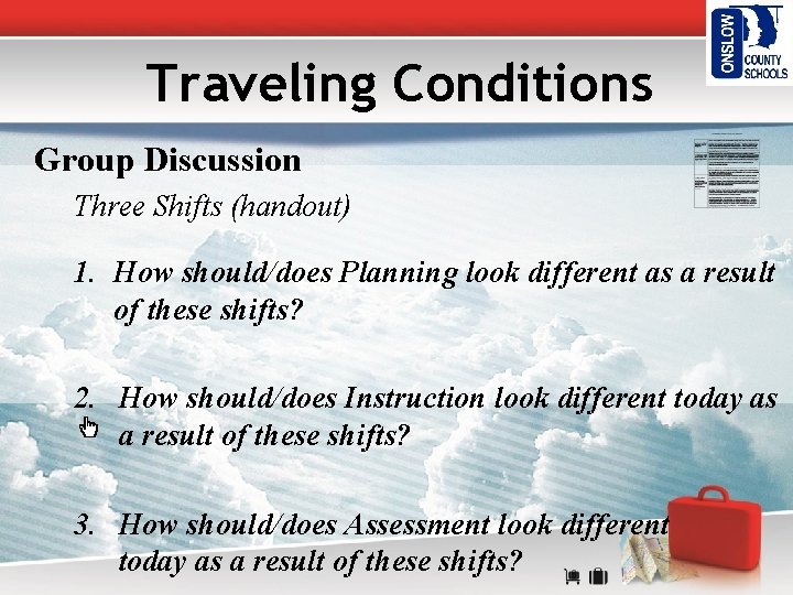 Traveling Conditions Group Discussion Three Shifts (handout) 1. How should/does Planning look different as