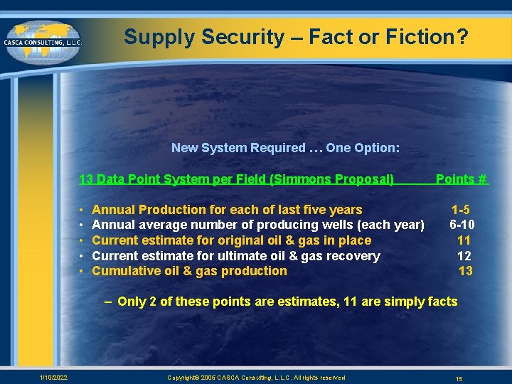 Supply Security – Fact or Fiction? New System Required … One Option: 13 Data