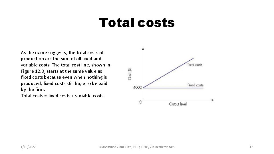 Total costs As the name suggests, the total costs of production arc the sum