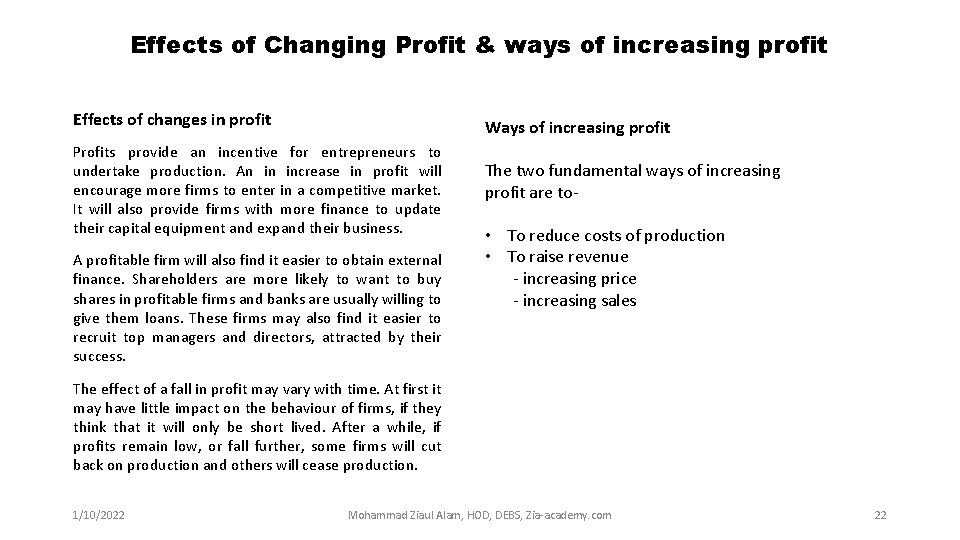 Effects of Changing Profit & ways of increasing profit Effects of changes in profit