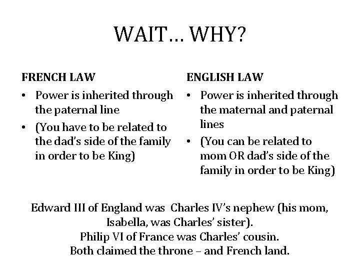 WAIT… WHY? FRENCH LAW ENGLISH LAW • Power is inherited through the paternal line