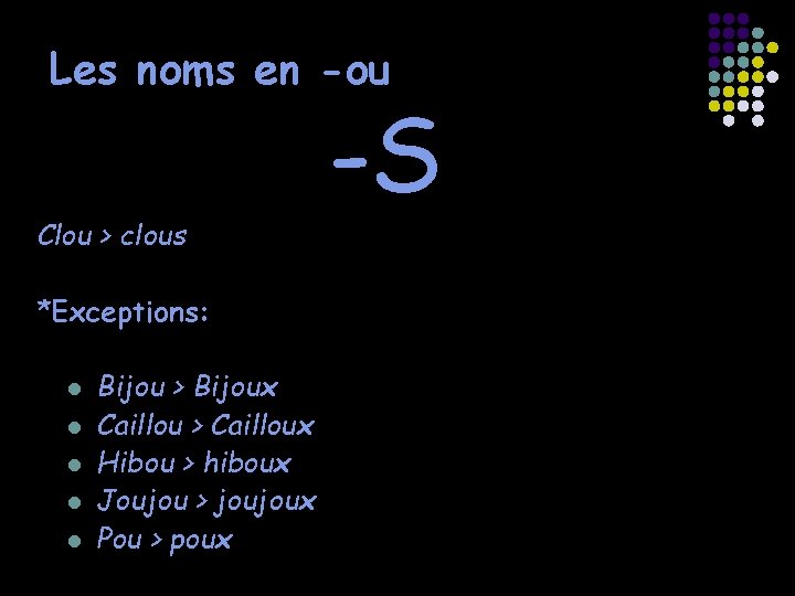 Les noms en -ou Clou > clous *Exceptions: l l l Bijou > Bijoux