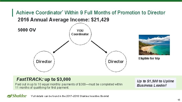 Achieve Coordinator* Within 9 Full Months of Promotion to Director 2016 Annual Average Income: