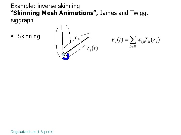 Example: inverse skinning “Skinning Mesh Animations”, James and Twigg, siggraph • Skinning Regularized Least-Squares