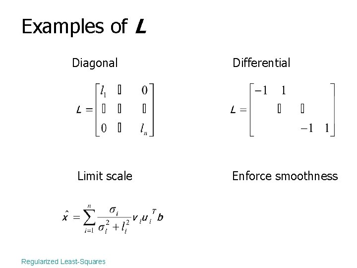Examples of L Diagonal Limit scale Regularized Least-Squares Differential Enforce smoothness 