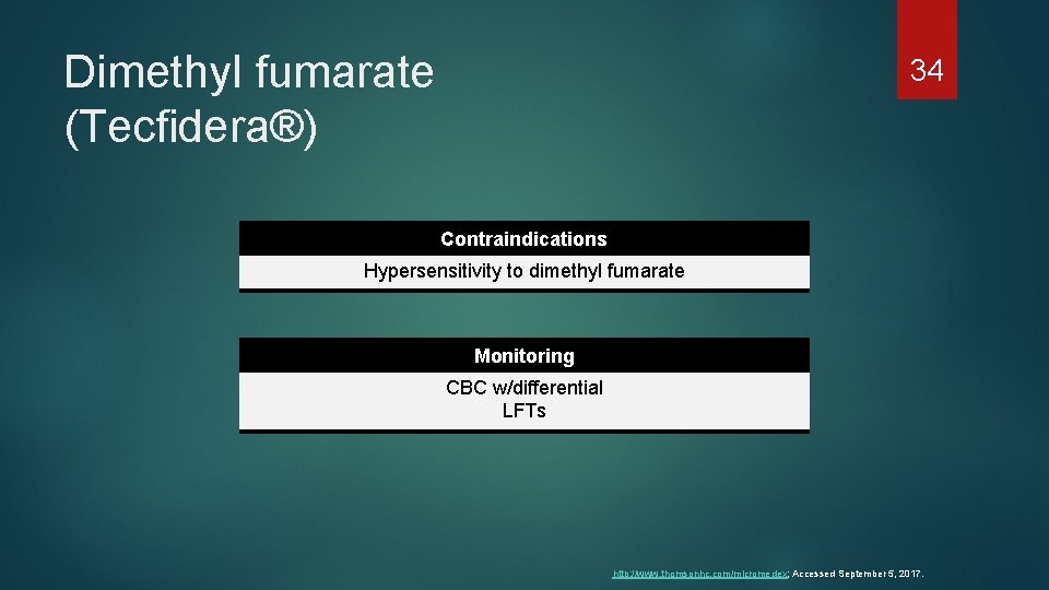 Dimethyl fumarate (Tecfidera®) 34 Contraindications Hypersensitivity to dimethyl fumarate Monitoring CBC w/differential LFTs http: