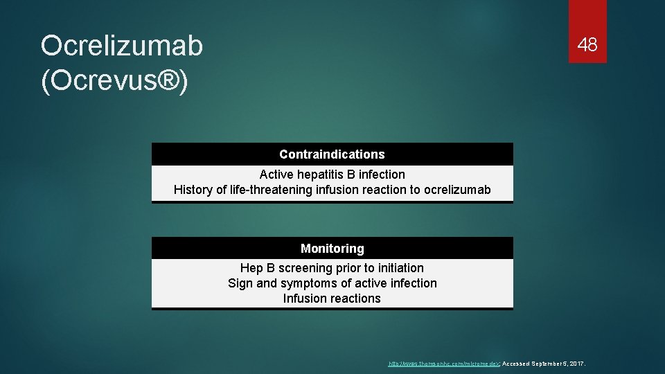 Ocrelizumab (Ocrevus®) 48 Contraindications Active hepatitis B infection History of life-threatening infusion reaction to