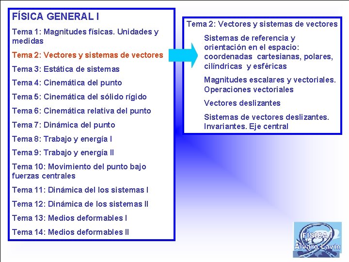 FÍSICA GENERAL I Tema 1: Magnitudes físicas. Unidades y medidas Tema 2: Vectores y