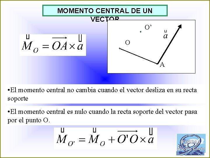 MOMENTO CENTRAL DE UN VECTOR O’ O A • El momento central no cambia