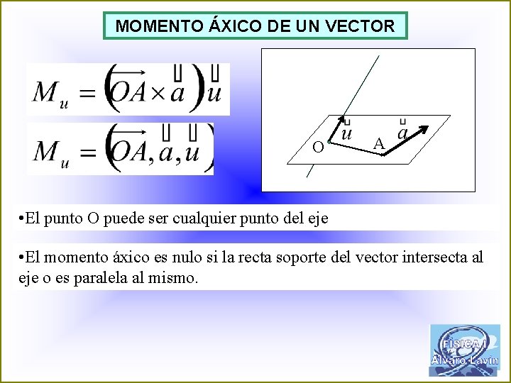 MOMENTO ÁXICO DE UN VECTOR O A • El punto O puede ser cualquier