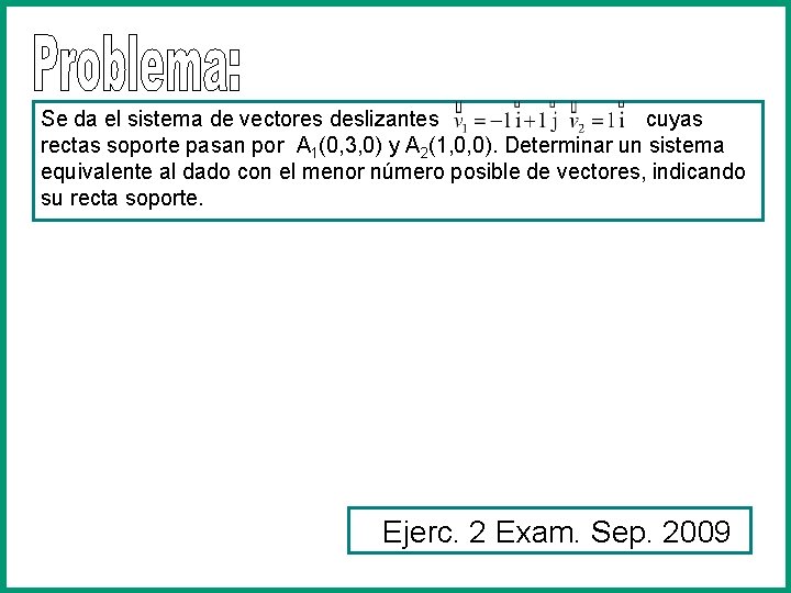 Se da el sistema de vectores deslizantes cuyas rectas soporte pasan por A 1(0,