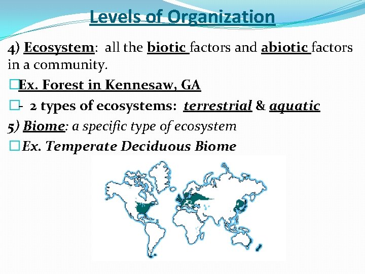 Levels of Organization 4) Ecosystem: all the biotic factors and abiotic factors in a