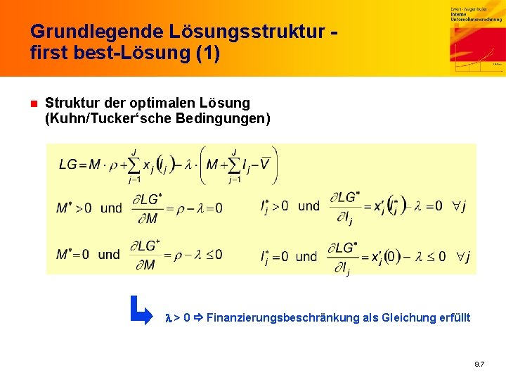 Grundlegende Lösungsstruktur first best-Lösung (1) n Struktur der optimalen Lösung (Kuhn/Tucker‘sche Bedingungen) > 0